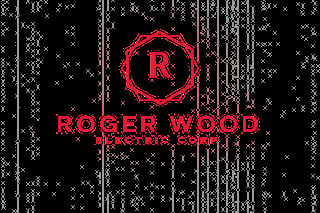 Roger Wood Electric Guitar logo with red circular design on black digital background with matrix-style code pattern